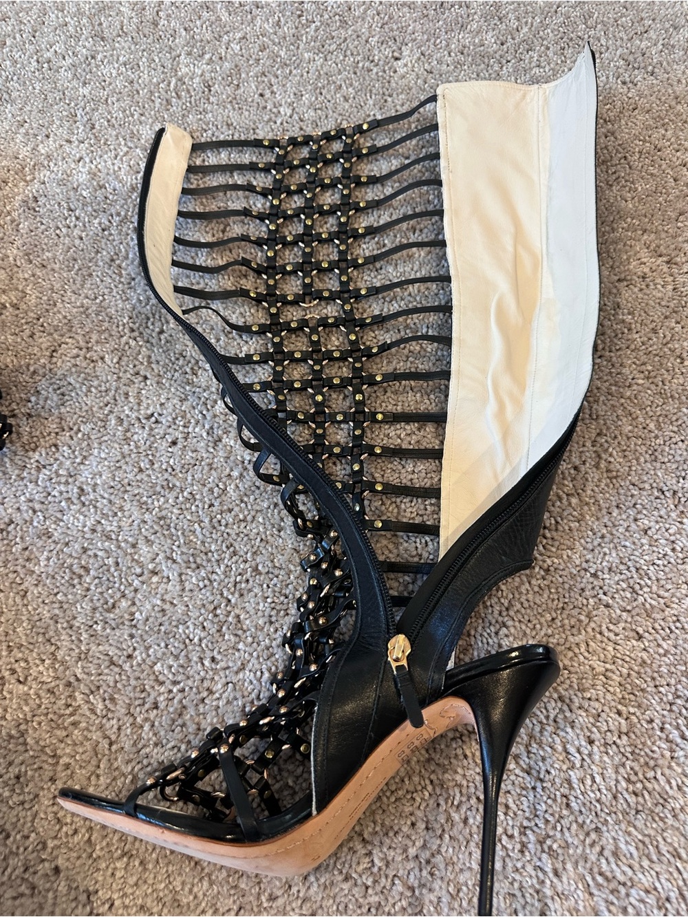 Sophia Webster Black Open Lattice Gold Studded Over-the-Knee Stiletto Boots - Picture 7 of 11